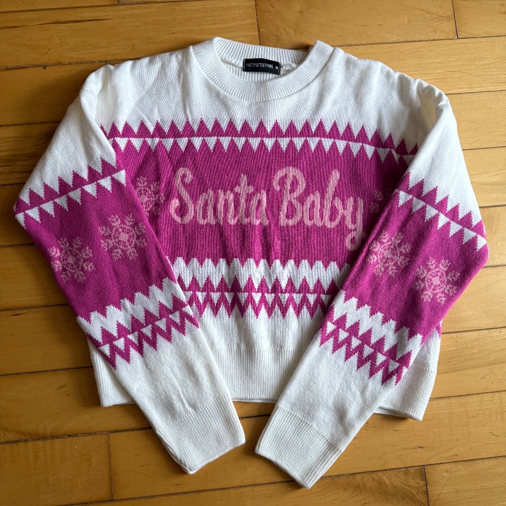 Pretty Little Thing Santa Baby Long Sleeve Crop Pink White Sweater Size M